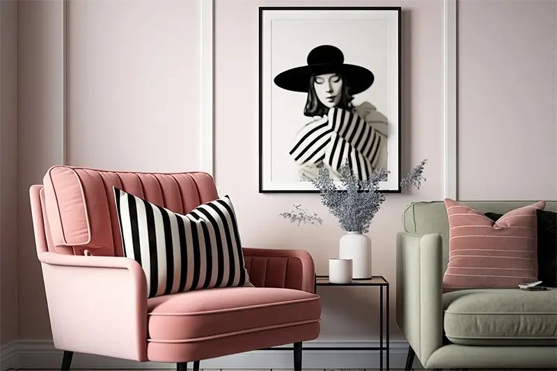 Różowy fotel z poduszką w paski i nowoczesną grafiką na ścianie