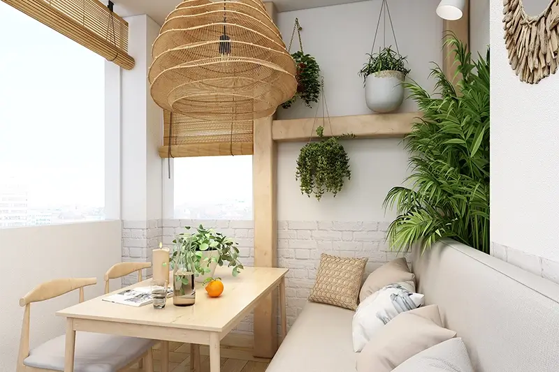 Salon z rośliną wiszącą nad stołem