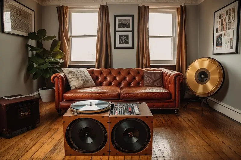 Pokój w stylu retro z odtwarzaczem płyt winylowych i skórzana sofa
