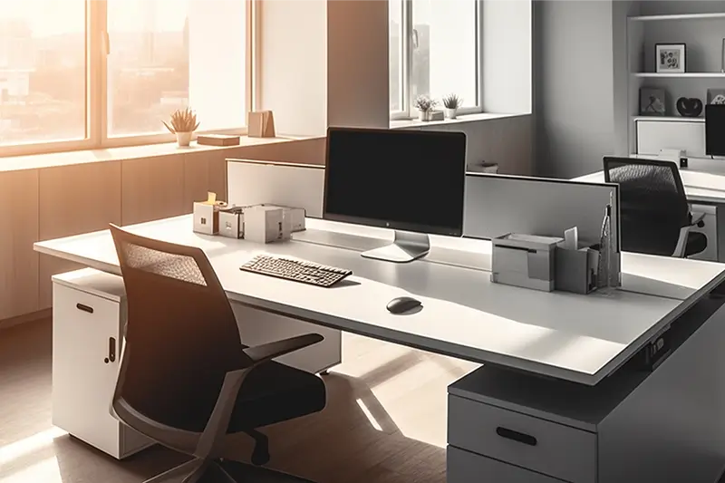 Przemyślane zagospodarowanie przestrzeni w biurze z biurkami i szafkami przy oknach