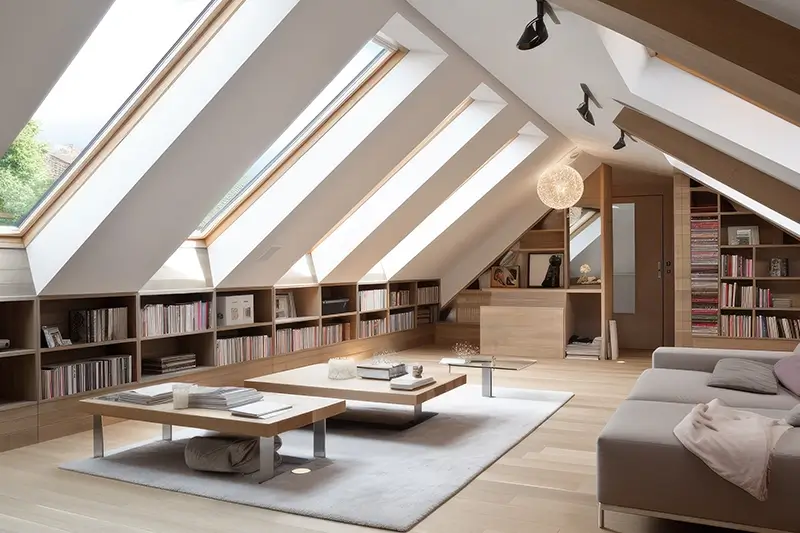 Poddasze z regałami z książkami oświetlone światłem słonecznym