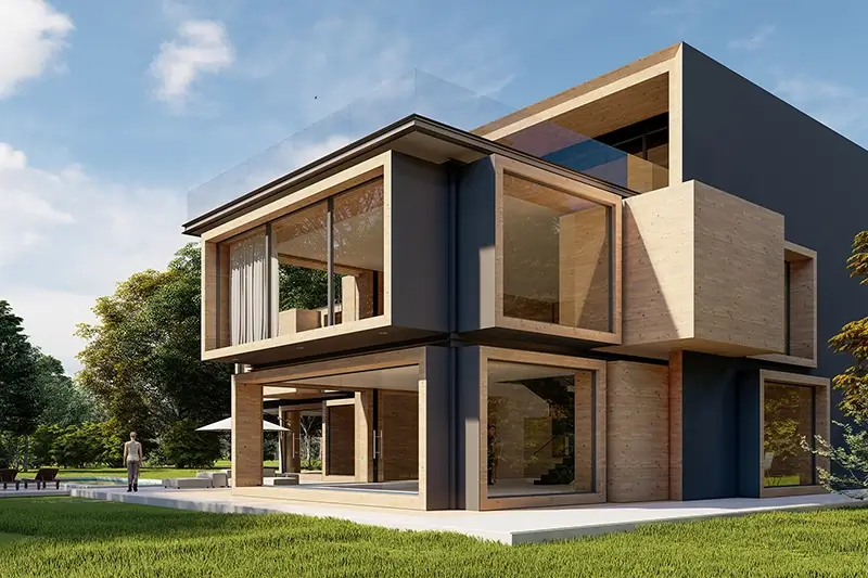 Nowoczesny szaro-brązowy dom z drewna i betonu