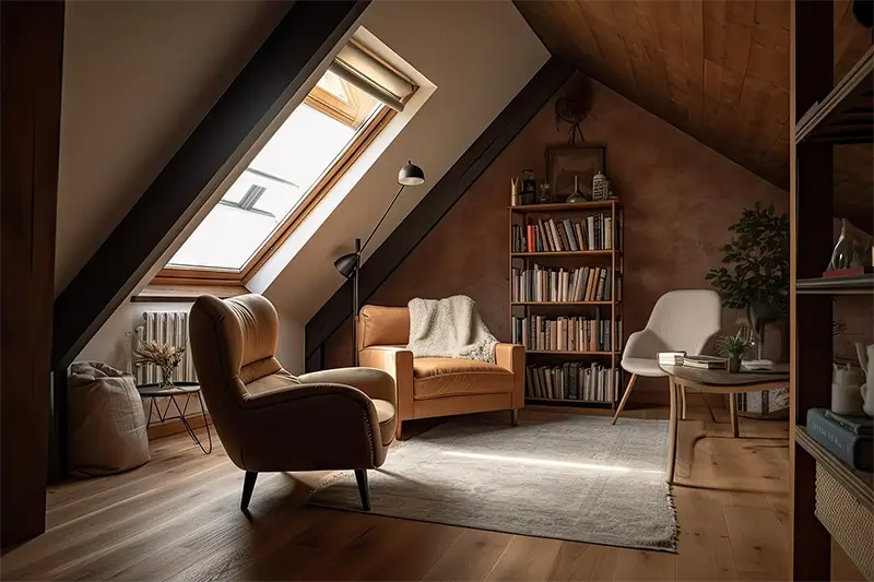 Stonowany wystrój poddasza z dużym fotelem