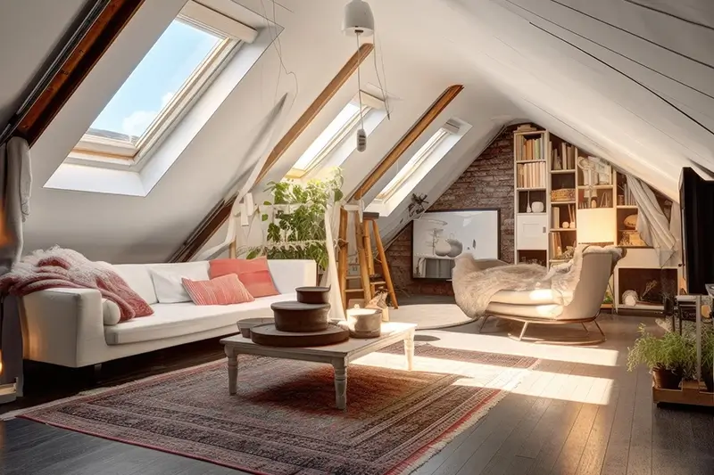 Przytulne wnętrza poddasza z drewnianą podłogą pod świetlikiem