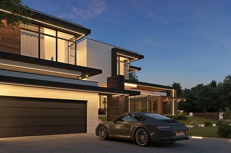 Dom z garażem z nowoczesnym oświetleniem