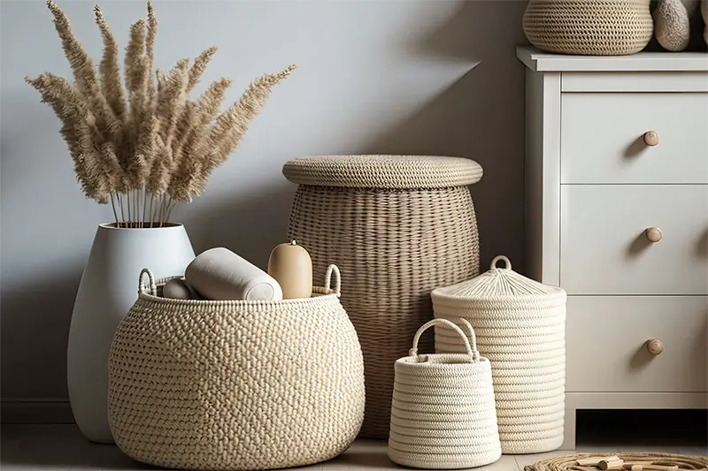 Stylowe kosze wiklinowe w pokoju przy szafce