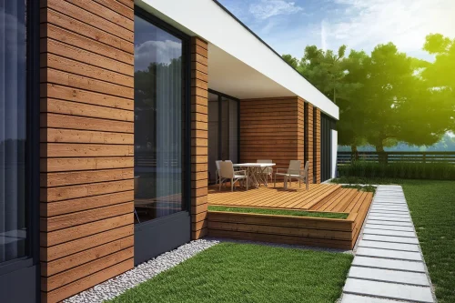 Jak wykorzystać naturalne materiały i ekologiczne rozwiązania w remontach - Dom z zielonym podwórkiem o wschodzie słońca