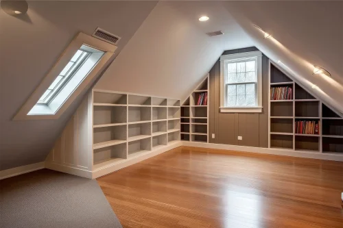 Przekształć swoje poddasze w przestronny pokój dzienny - pomysły i inspiracje - Wnękowe regały z książkami na poddaszu